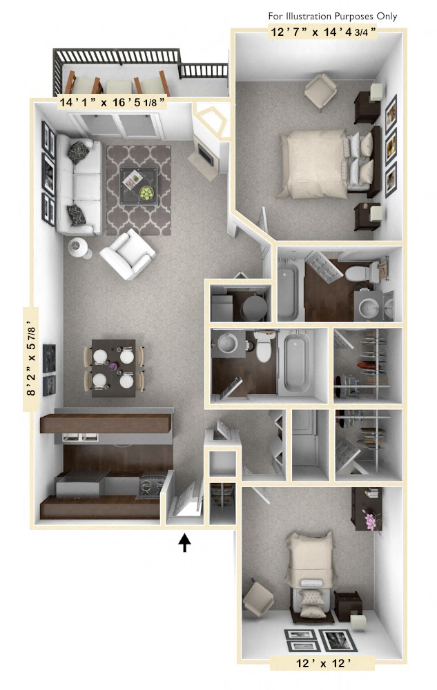 Floor plan for 2 beds, 2 baths, 960 sqft